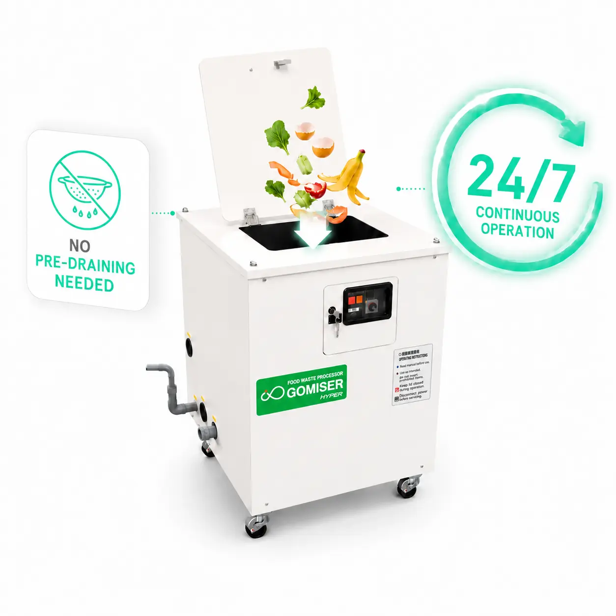 An image illustrating the high convenience of the garbage disposer, which requires no pre-straining and allows you to dispose of food scraps as-is 24 hours a day